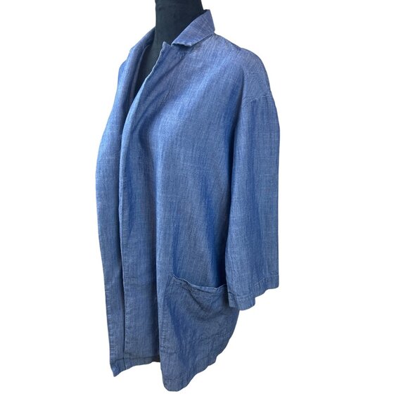 Eileen Fisher Blue Open Front Long Cardigan Jacket S/P Cotton Tencel Lagenlook - Picture 3 of 13